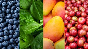 blueberries, spinach, mango, and apples