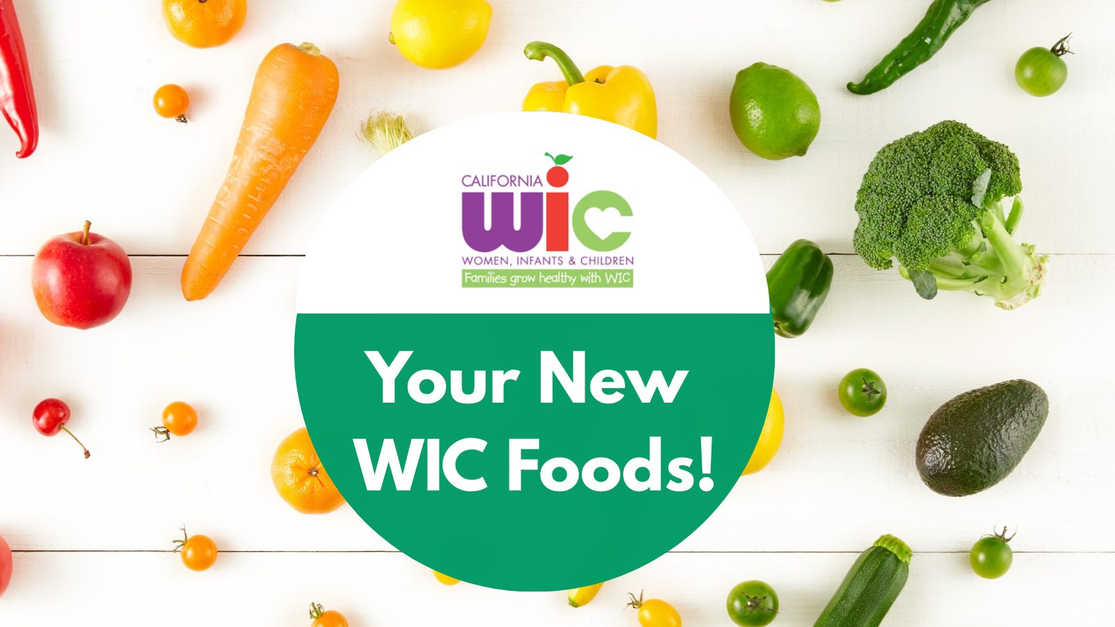 A professional announcement graphic with a vibrant background of assorted fresh vegetables including leafy greens, bell peppers, and root vegetables. In the center of the image, a large white circle contains bold text that reads: 'New WIC Food Guide.