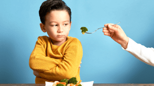 A young child stares intently at a piece of steamed broccoli that his mother is offering him.