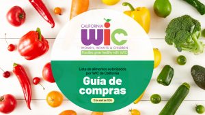 A professional announcement graphic with a vibrant background of assorted fresh vegetables including leafy greens, bell peppers, and root vegetables. In the center of the image, a large white circle contains bold text that reads: 'New WIC Food Guide.