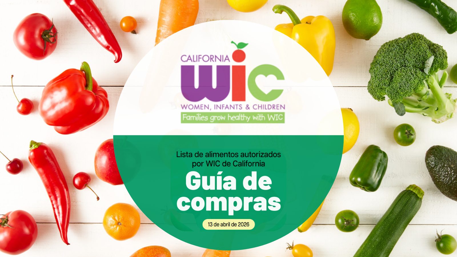 A professional announcement graphic with a vibrant background of assorted fresh vegetables including leafy greens, bell peppers, and root vegetables. In the center of the image, a large white circle contains bold text that reads: 'New WIC Food Guide.